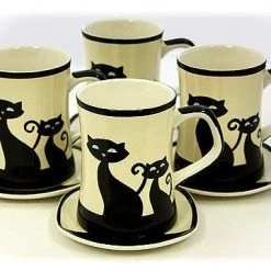 Drinkware Hues & Brews Ivory 8 Piece Cattitude Mugs & Coasters Set - 4.5"