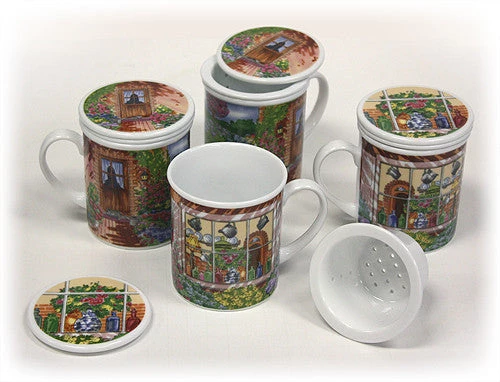Hues & Brews Multi-color 4 Piece "Garden Cottages" Lidded Tea Infuser Mug Set - 4.25" On Sale 3 Hues & Brews Multi-color 4 Piece "Garden Cottages" Lidded Tea Infuser Mug Set - 4.25" On Sale