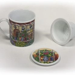 Hues & Brews Multi-color 4 Piece "Garden Cottages" Lidded Tea Infuser Mug Set - 4.25" On Sale