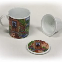 Hues & Brews Multi-color 4 Piece "Garden Cottages" Lidded Tea Infuser Mug Set - 4.25" On Sale 7 Hues & Brews Multi-color 4 Piece