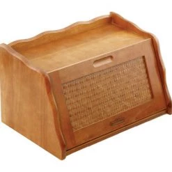Bread Boxes Mountain Woods Honey Oak Finish Large Wooden Bread Box With Rattan Lid - 16"