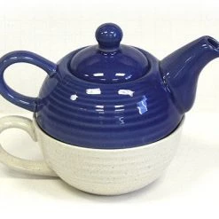 On Sale Hues & Brews Two-Tone Blue And Cream Tea For One Set - 7.25"