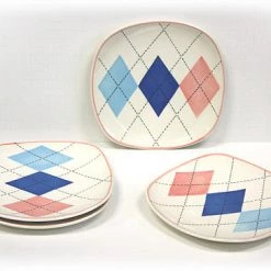 On Sale Hues & Brews 4 Piece Multi-Color Argyle Dessert And Snack Plates - 8.38"