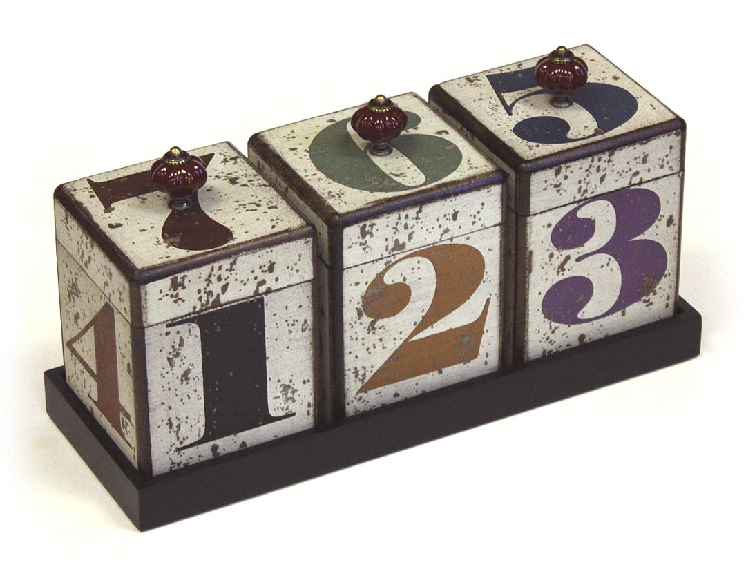 Storage & Organization Mountain Woods Multi-colored By The Numbers Handcrafted 42 Oz. Wooden Canister Trio & Nesting Tray Set - 15.38" 2 Storage & Organization Mountain Woods Multi-colored By The Numbers Handcrafted 42 Oz. Wooden Canister Trio & Nesting Tray Set - 15.38"