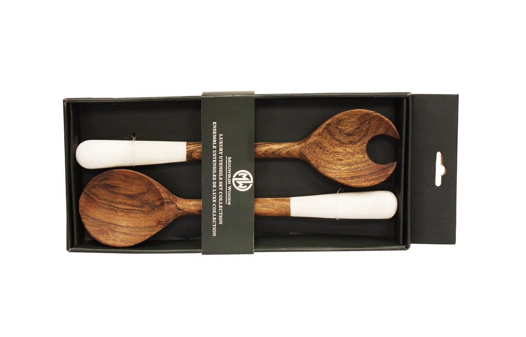 Mountain Woods Set Of 2 Luxury & Elegant Himalayan Marble And Solid Wood Salad Server / Utensil Set - 12" 5 Mountain Woods Set Of 2 Luxury & Elegant Himalayan Marble And Solid Wood Salad Server / Utensil Set - 12"