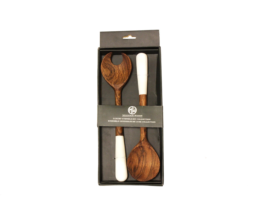 Mountain Woods Set Of 2 Luxury & Elegant Himalayan Marble And Solid Wood Salad Server / Utensil Set - 12" 6 Mountain Woods Set Of 2 Luxury & Elegant Himalayan Marble And Solid Wood Salad Server / Utensil Set - 12"
