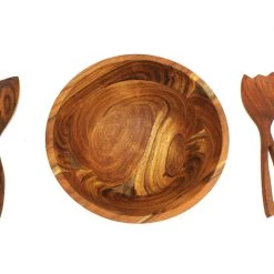 Mountain Woods 3 Piece Brown Acacia Wood Bowl And Premium Utensils Set - 12'' On Sale