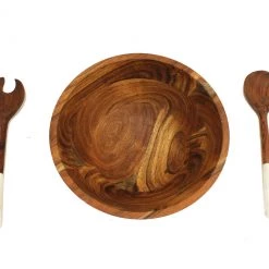 Mountain Woods 3 Piece Brown Acacia Wood Bowl And Premium Utensils Set - 12'' On Sale