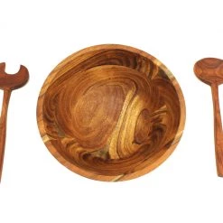 Mountain Woods 3 Piece Brown Acacia Wood Bowl And Premium Utensils Set - 12'' On Sale