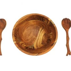 On Sale Mountain Woods 3 Piece Brown Acacia Wood Bowl And Premium Utensils Set - 12''
