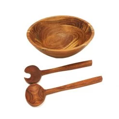 Mountain Woods 3 Piece Brown Acacia Wood Bowl And Premium Utensils Set - 12'' On Sale