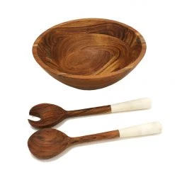 Mountain Woods 3 Piece Brown Acacia Wood Bowl And Premium Utensils Set - 12'' On Sale