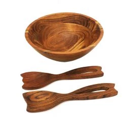 Mountain Woods 3 Piece Brown Acacia Wood Bowl And Premium Utensils Set - 12'' On Sale