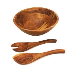 Mountain Woods 3 Piece Brown Acacia Wood Bowl And Premium Utensils Set - 12'' On Sale