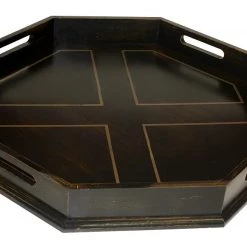 Mountain Woods Antique Black Octagon Ottoman Wooden Serving Tray With Handles - 22" On Sale