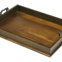 Mountain Woods Brown Extra Large Acacia Wood Serving Tray With Bronze Handle - 22"