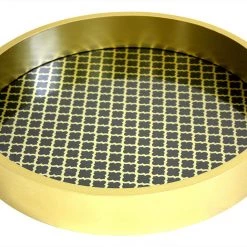 On Sale Mountain Woods Black And Golden Round Wooden Serving Tray With Glass Bottom - 16"