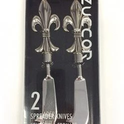 On Sale Zuccor 2 Piece Ash Brown Fleur-de-Lis Polished Metal Luxury Gourmet Cheese Spreader Knives - 6.75