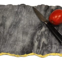 Zuccor Handmade Organic Marble Server Board With Gold Finished Chiseled Edge, 12”X8.5”
