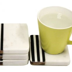 On Sale Zuccor Natural Marble With Inlaid Acacia Hard Wood Set Of 4 Coasters,  4”X4” X.5”